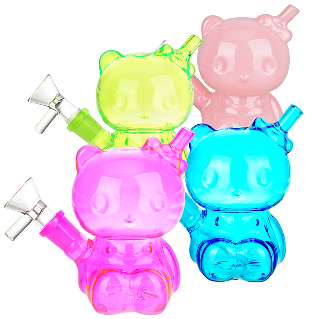 4-Inch Hey There Kitty Glass Water Pipe | 14mm F | Assorted Colors