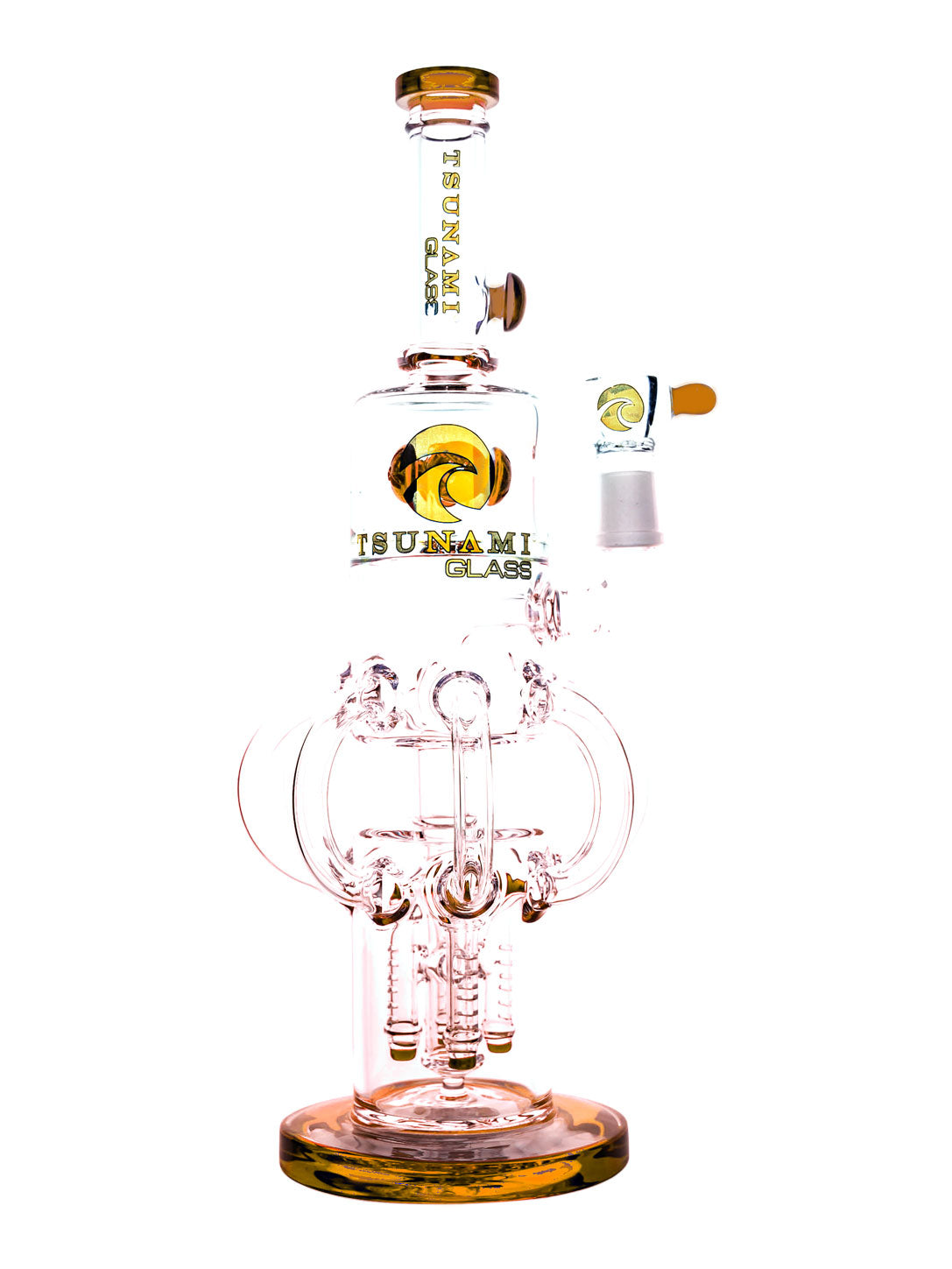 Clear Amber 14" Tsunami Roctapus Quad Rocket Button Perc Glass Water Pipe