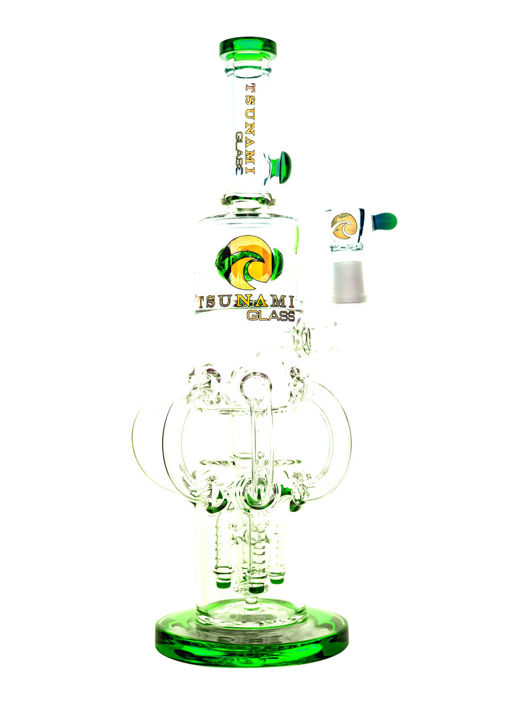 Clear Green 14" Tsunami Roctapus Quad Rocket Button Perc Glass Water Pipe