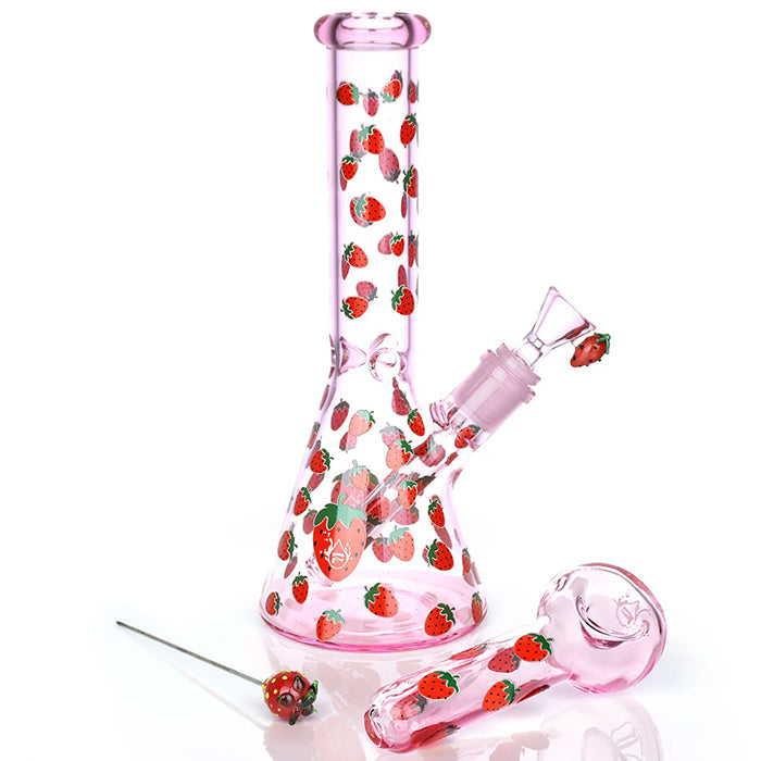 Fruit Series Strawberry Cough Glow Herb Pipe Duo | 10" | 14mm F - Pulsar