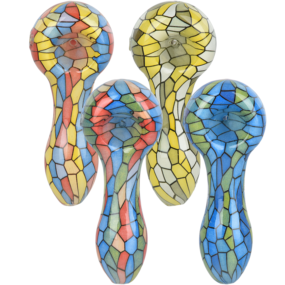 Mosaic Colorful Print Glass Spoon Pipe 3.75" Asst. Colors