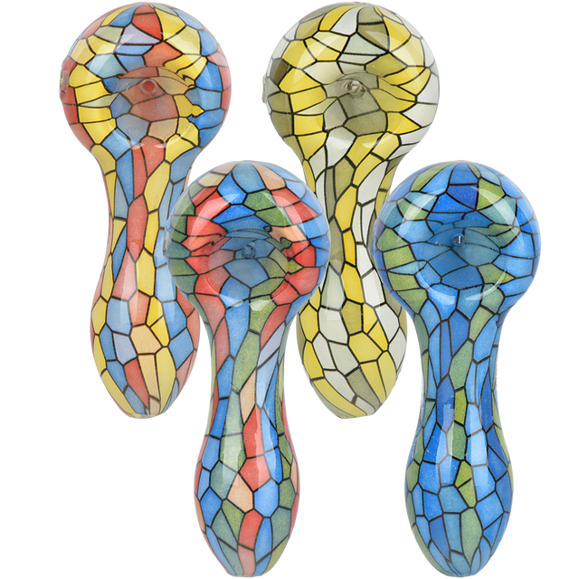 Mosaic Colorful Print Glass Spoon Pipe 3.75" Asst. Colors