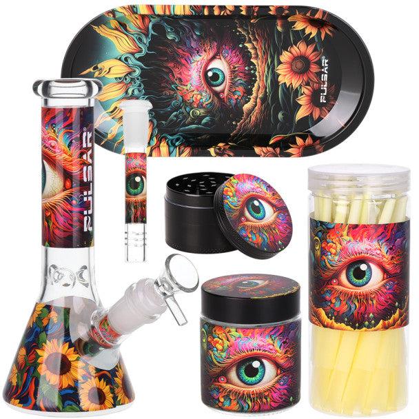 Sunflower of The Mind 7.75" Design Series Beaker Water Pipe Smoker's Kit - Pulsar